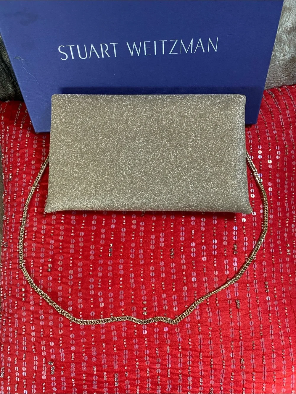Stuart Weitzman With Certificates Sparkling Gold Logo Lining Bag With Gold Chain